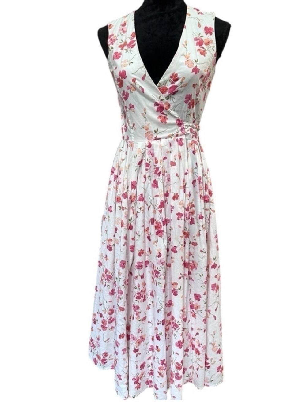 Laura Ashley Cotton Off White Floral Print Sleeveless Midi Wrap Dress Size 12